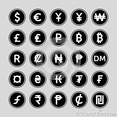 Vector image of set of currency icons. Vector Illustration