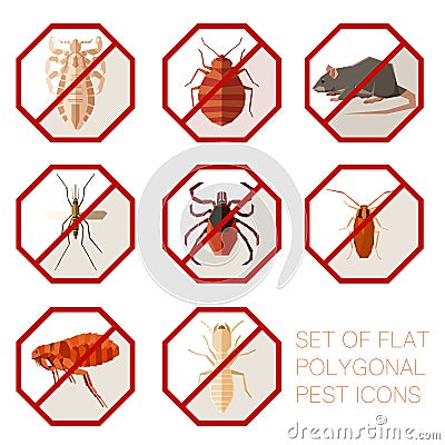 Set of flat polygonal signs of pest icons Vector Illustration