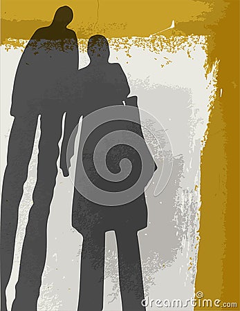 Vector image of shadows couple citizens on painted textured street wall surface Vector Illustration