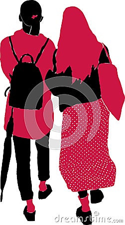 Vector image of silhouettes two friiends girls walking along street Vector Illustration