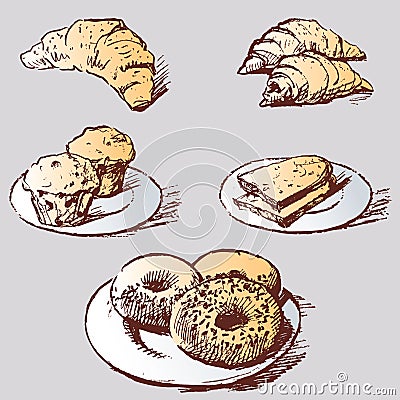 Vector image of sketches various pastry for breakfast Vector Illustration