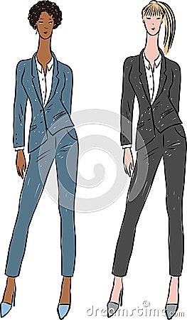 Vector drawing of young slim women in trouser business suits in business costumes Vector Illustration