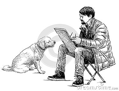 Freehand drawing of street artist sketching big dog Vector Illustration