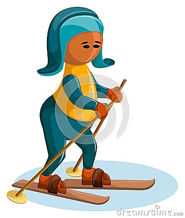 Vector image of a stylized image of a young sporty man on skis. Cartoon style. Isolated over white background. EPS 10 Vector Illustration