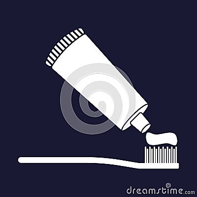 Vector image of toothbrush and open toothpaste. Vector white icon on dark blue background. Stock Photo