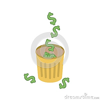 Vector image of trash can and discarded dollar Vector Illustration