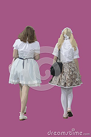 Vector image of two girls dressed in white vintage dresses with pink background, Lolita style. Vector Illustration