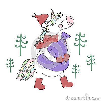 Vector image of an unicorn in a hat, scarf and boots with a bag of gifts. Greeting card with christmas trees on the background. Co Stock Photo