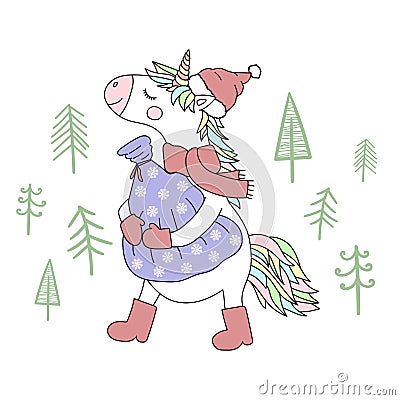 Vector image of a unicorn in a hat, scarf and boots with a bag of gifts. Greeting card. Concept for New Year, Christmas and winter Stock Photo