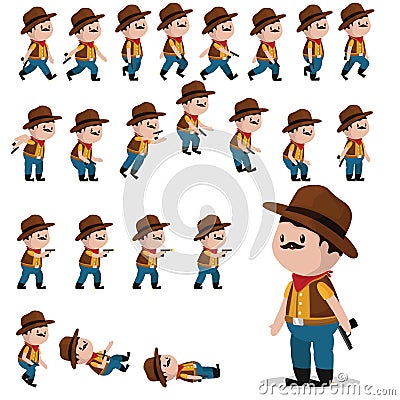 Cowboy character sprites for games. Animation cowboy walks, falls, jumps, shoots. Vector Illustration