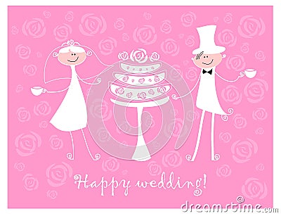 Vector picture the groom and the bride are drinking tea with a cake on a pink background of roses Vector Illustration