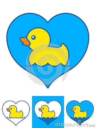 Vector image of yellow rubber ducks swimming in hearts Vector Illustration