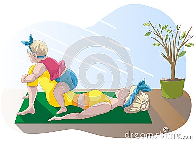 Vector image of a young mother with a baby doing household chores. Concept. Housewife plays sports with a child Vector Illustration