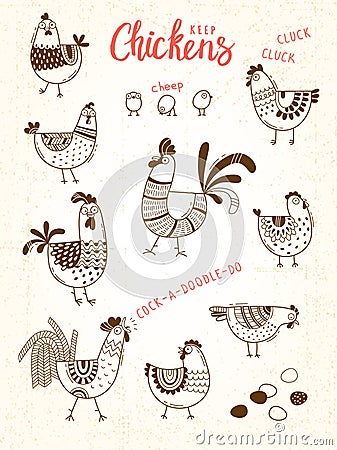 Vector images of chickens, hens, cocks, eggs in cartoon style, line art. Elements for design cover food package Vector Illustration