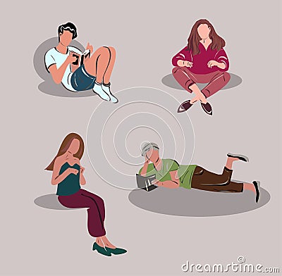 Vector images of people reading books, working on a laptop, looking for information on the Internet. Education, reading, working f Vector Illustration