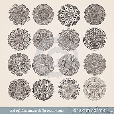 Vector Indian ornament, kaleidoscopic floral pattern, mandala. Set of sixteen ornament lace. ornamental round lace pattern, circle Vector Illustration