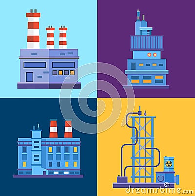 Vector Industrial factory buildings icons set in Vector Illustration