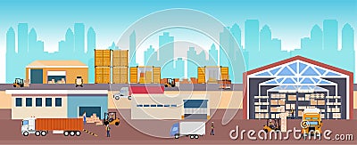 Industrial warehouse with containers, delivery trucks Stock Photo