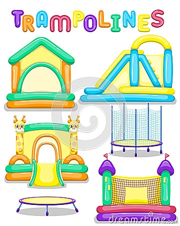 Vector inflatable and jumping trampolines set Vector Illustration