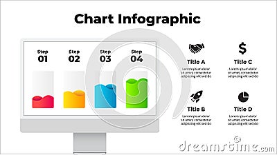 iMac mock up. Infographic slide template. 4 steps chart with liquid. Electronic device presentation. User interface and Vector Illustration