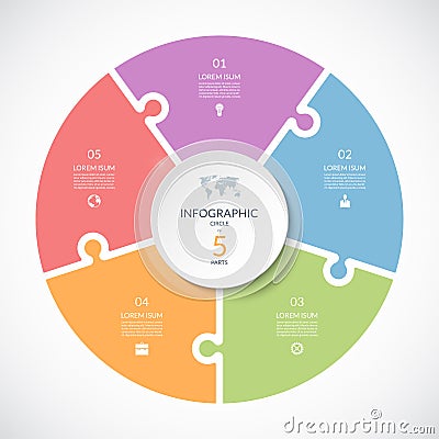 Vector infographic puzzle circular template. Cycle diagram with 5 parts, options. Vector Illustration