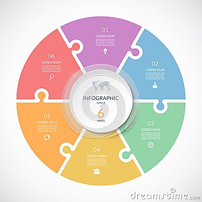 Vector infographic puzzle circular template. Cycle diagram with 6 parts, options. Vector Illustration