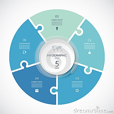 Vector infographic puzzle circular template. Cycle diagram with 5 parts, options. Vector Illustration