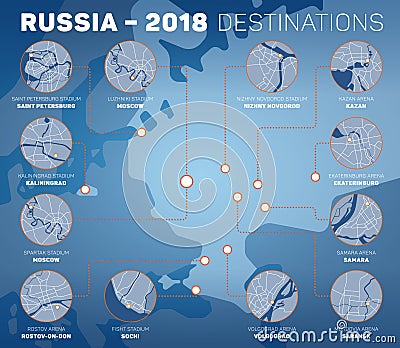 Vector infographic representing venues of Russia 2018 competition Vector Illustration