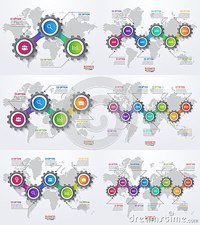 Vector infographic set of templates with gears and world map Vector Illustration