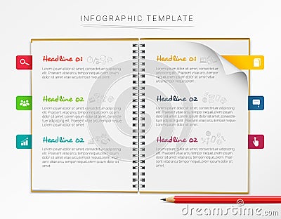 Vector infographic template with notebook and six colorful marks isolated on white background Vector Illustration