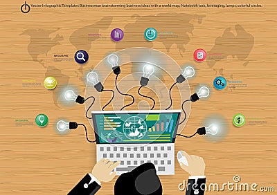 Vector Infographic Templates Businessman brainstorming business ideas with lamps, colorful circles. Vector Illustration