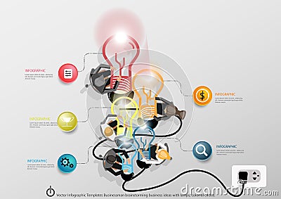 Vector Infographic Templates Businessman brainstorming business ideas with a world map, Notebook task, leveraging, lamps, colorful Vector Illustration