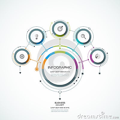 Vector infographics 3D circle label with arrows sign and 5 options Vector Illustration