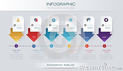 Vector infographics timeline design template with 3D paper label and graph 6 steps options. Vector Illustration