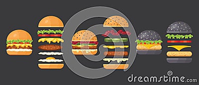 Vector ingredients for classic burger isolated on white. Ingredients bun, cutlet, cheese, bacon, sauce, buns, tomato Vector Illustration