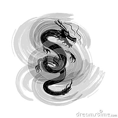 Vector Ink Painting Dragon Isolated on White Background, Oriental Decorative Element, Eastern Vector Illustration