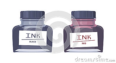 Vector inkwell set. Writing flat isolated illustration. Glass bottle. Black ink. Red ink Vector Illustration