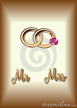 Mr and Mrs. golden letters on a gold background, a pair of wedding rings with a ruby for a wedding, Vector Illustration