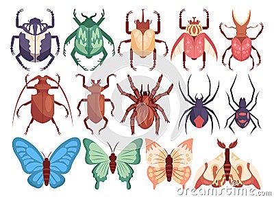 Vector insect set. Cute bugs, butterflies, moths and beetles. Hand drawn insects Vector Illustration