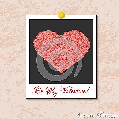 Vector instant photo card with heart from pink roses Vector Illustration