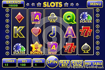 Vector Interface slot machine. Complete menu of graphical user interface and full set of buttons for classic casino Vector Illustration