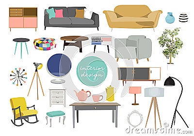 vector interior design illustration. collection set of elements. designer trendy furniture. table chair sofa lamp mirror plant che Vector Illustration