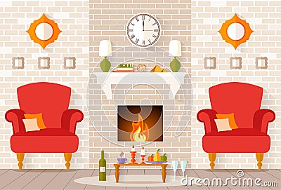 Vector interior with a fireplace and a festive dinner for two. Vector Illustration