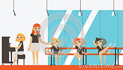 Vector interior in flat style with little ballerinas, teacher and musician playing piano. Ballet dancing studio with dance barre Stock Photo