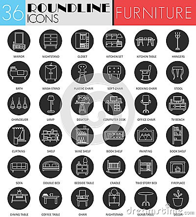 Vector interior furniture circle white black icon set. Modern line black icon design for web. Vector Illustration