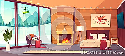 Vector interior of hotel bedroom, winter resort Vector Illustration