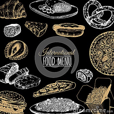 Vector international food menu. Fusion cuisine carte. Vintage hand drawn quick meals collection. Fast-food icons. Vector Illustration