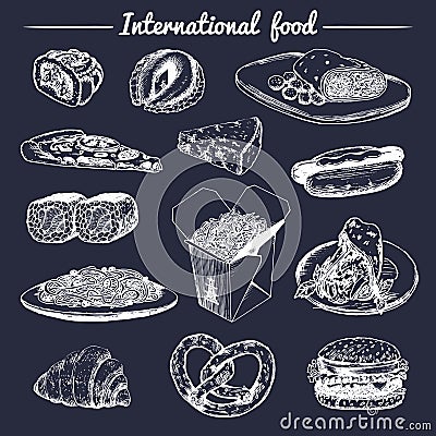 Vector international food menu.Fusion cuisine carte.Vintage hand drawn quick meals collection.Fast-food restaurant icons Vector Illustration