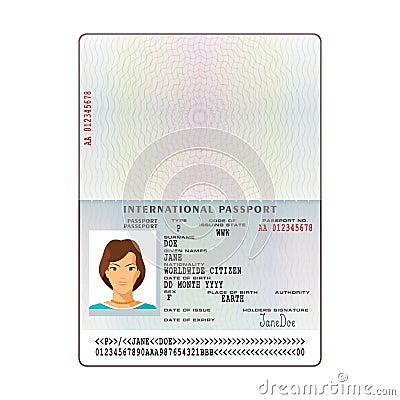 Vector international passport template with sample personal data page Vector Illustration