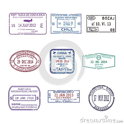 Vector international travel visa stamps for passport set Vector Illustration